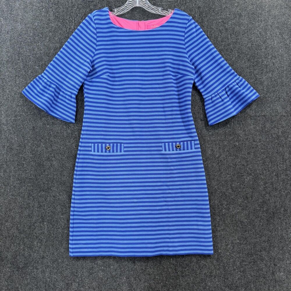 Lilly Pulitzer Alden Ottoman Dress Women's Medium Blue Striped Bell Sleeve Shift